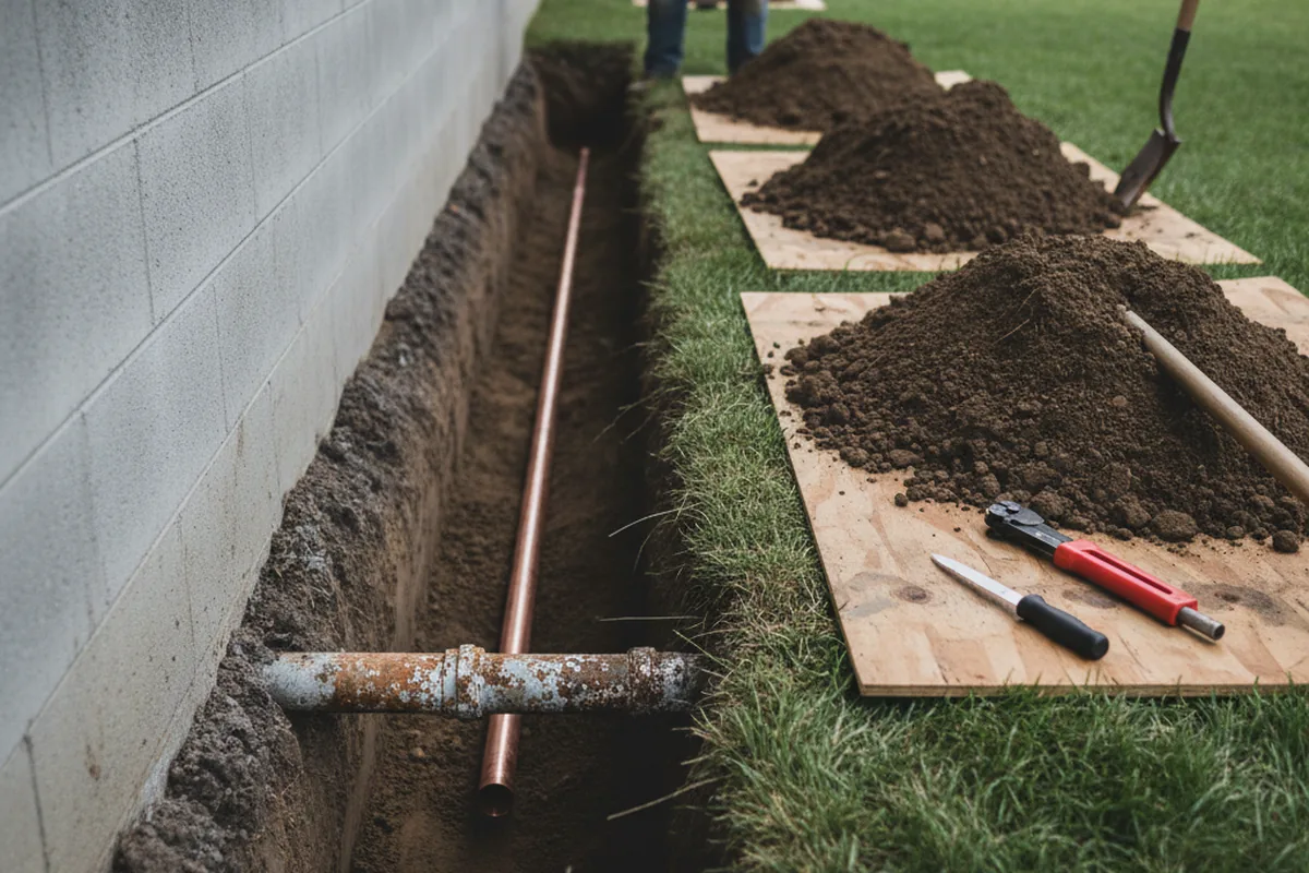 Excavated water line trench during Sewer Line Repair in Atherton
